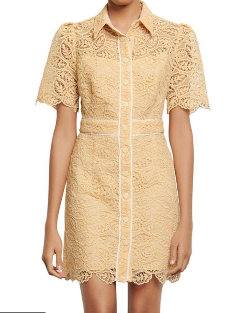 Sandro Short-Sleeve Lace Mini Dress in Pale Yellow